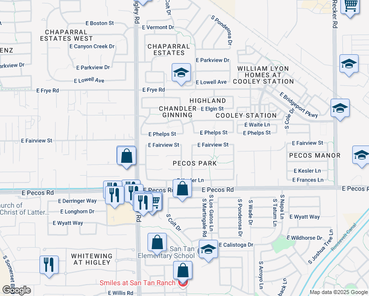 map of restaurants, bars, coffee shops, grocery stores, and more near 3037 South Sunnyvale Avenue in Gilbert