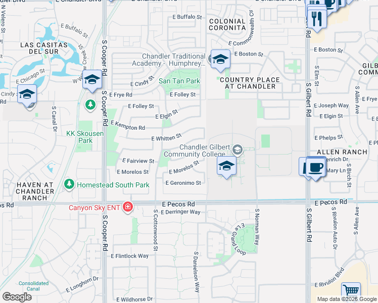 map of restaurants, bars, coffee shops, grocery stores, and more near 2440 East Fairview Street in Chandler