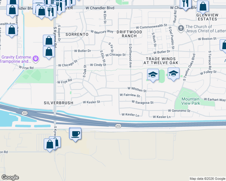 map of restaurants, bars, coffee shops, grocery stores, and more near 5511 West Whitten Street in Chandler