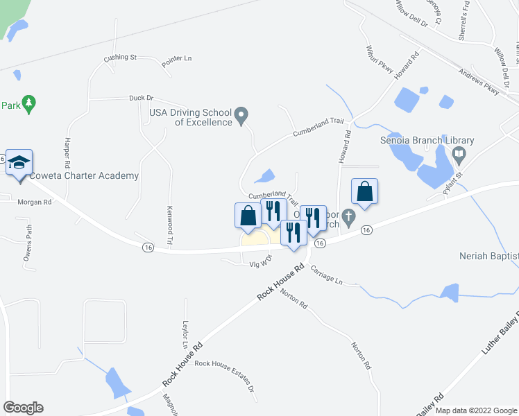 map of restaurants, bars, coffee shops, grocery stores, and more near 170 Cumberland Trail in Senoia