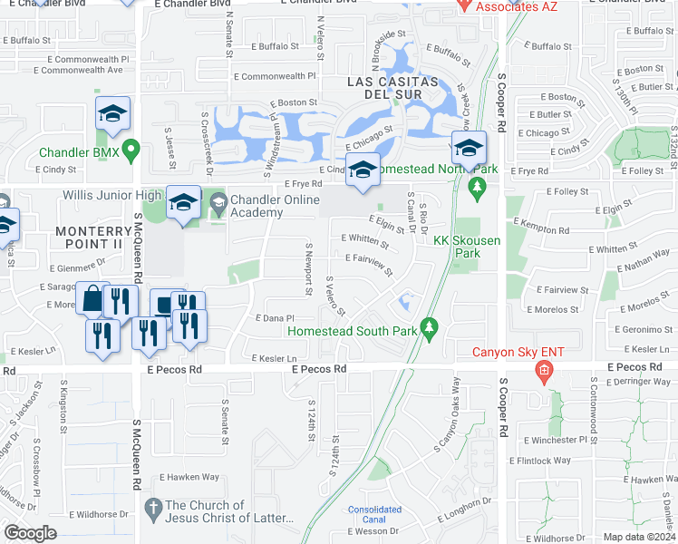 map of restaurants, bars, coffee shops, grocery stores, and more near 1542 East Morelos Street in Chandler