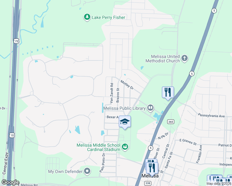 map of restaurants, bars, coffee shops, grocery stores, and more near 3505 Brazos Street in Melissa