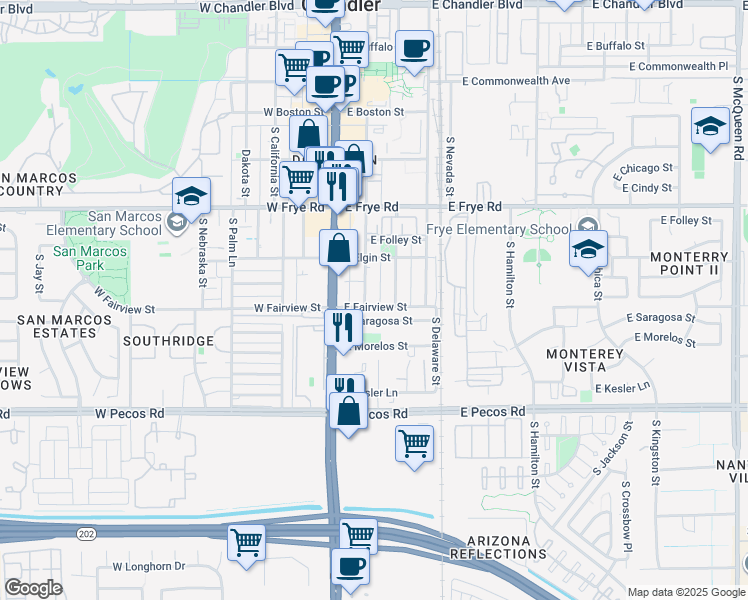map of restaurants, bars, coffee shops, grocery stores, and more near 489 South Washington Street in Chandler