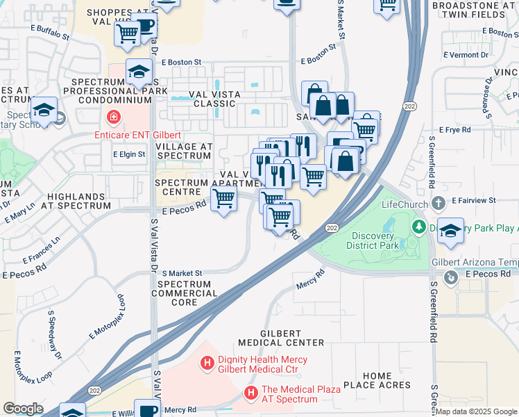 map of restaurants, bars, coffee shops, grocery stores, and more near 1907 East Pecos Road in Gilbert