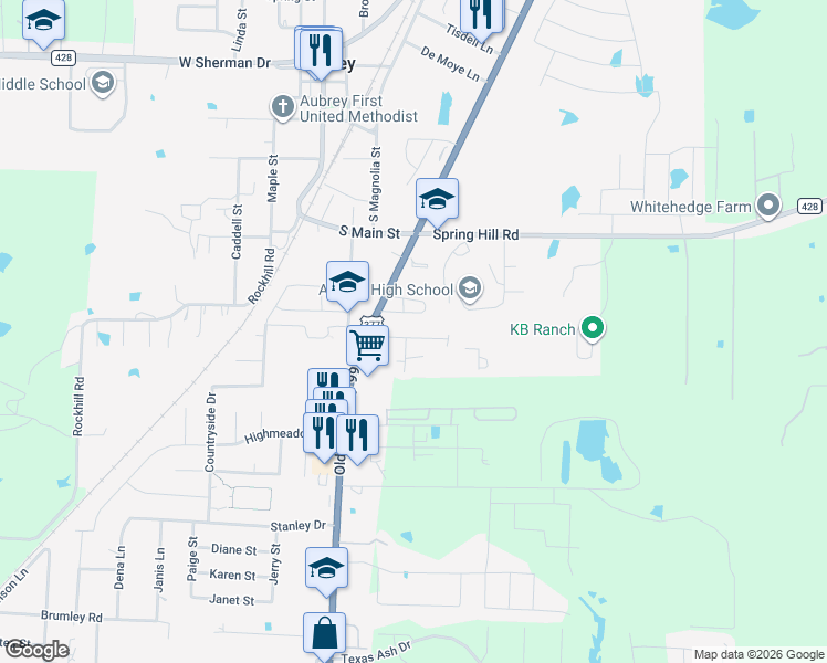 map of restaurants, bars, coffee shops, grocery stores, and more near 511 Pine Ridge Street in Aubrey