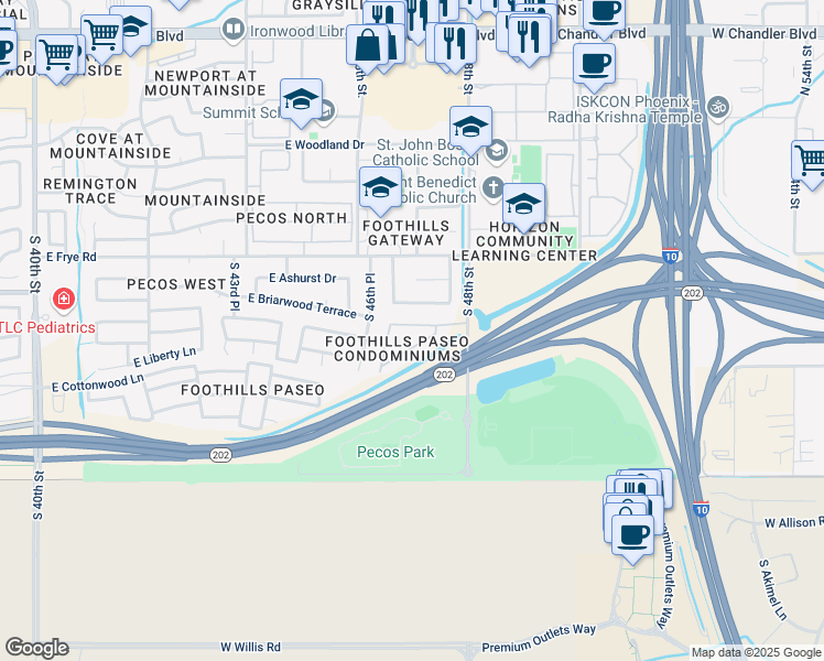 map of restaurants, bars, coffee shops, grocery stores, and more near 16620 South 48th Street in Phoenix