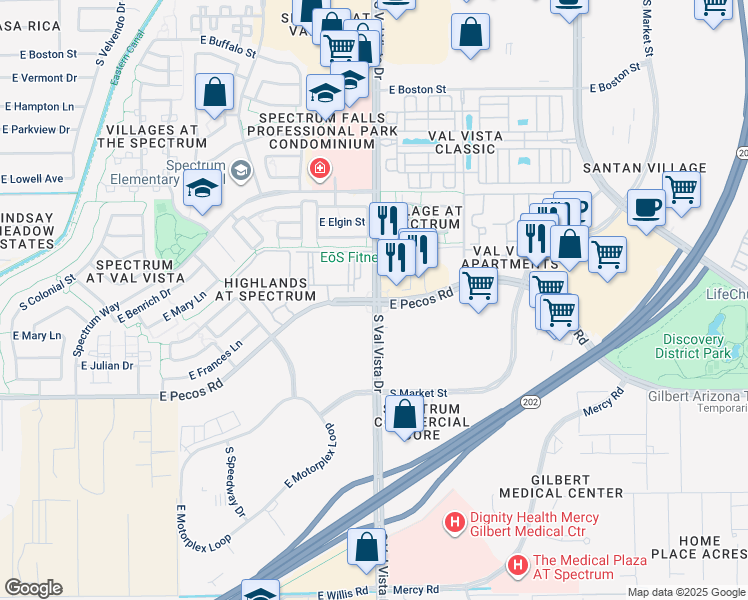 map of restaurants, bars, coffee shops, grocery stores, and more near E Pecos Rd & S Val Vista Dr in Gilbert