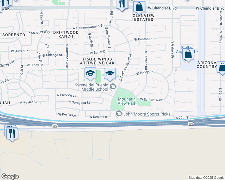 map of restaurants, bars, coffee shops, grocery stores, and more near 360 South 12 Oaks Boulevard in Chandler