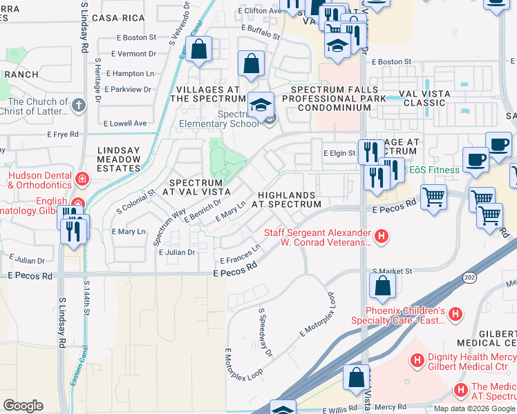 map of restaurants, bars, coffee shops, grocery stores, and more near 1304 East Marcella Lane in Gilbert