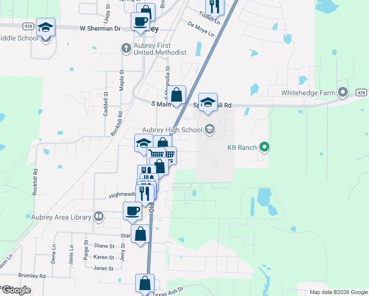 map of restaurants, bars, coffee shops, grocery stores, and more near 511 Pine Ridge Street in Aubrey