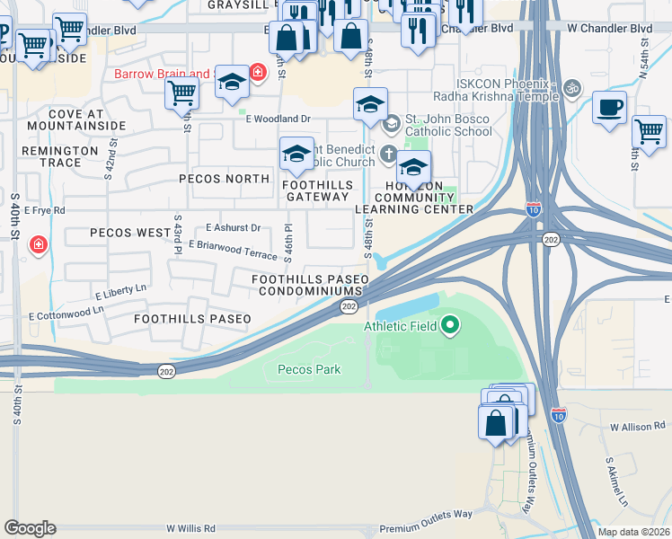 map of restaurants, bars, coffee shops, grocery stores, and more near 16620 South 48th Street in Phoenix