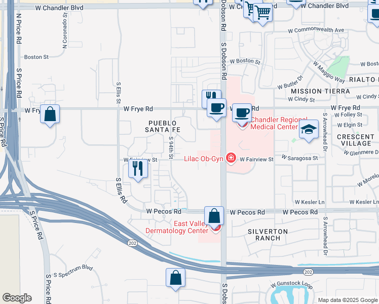 map of restaurants, bars, coffee shops, grocery stores, and more near 2200 West Fairview Street in Chandler