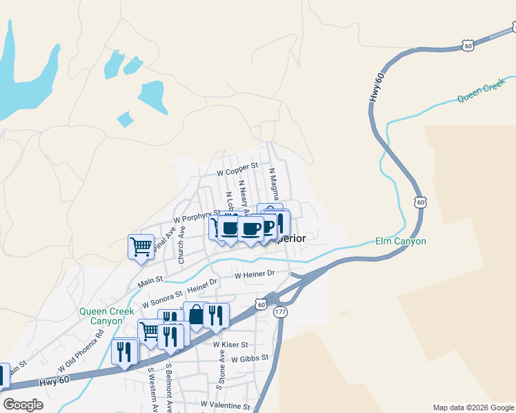 map of restaurants, bars, coffee shops, grocery stores, and more near 199 West Porphyry Street in Superior