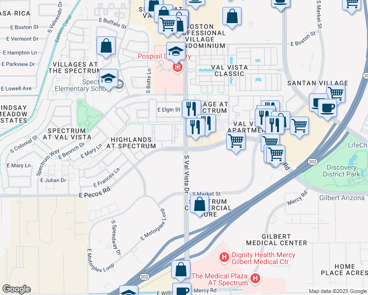 map of restaurants, bars, coffee shops, grocery stores, and more near in Gilbert