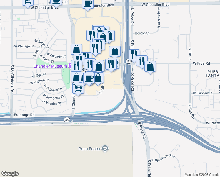 map of restaurants, bars, coffee shops, grocery stores, and more near 555 South Galleria Way in Chandler