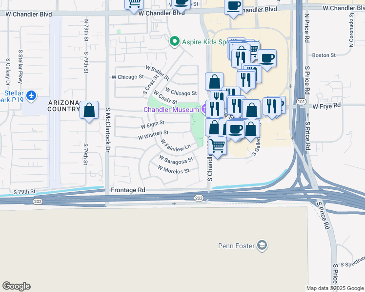 map of restaurants, bars, coffee shops, grocery stores, and more near 3616 West Fairview Lane in Chandler