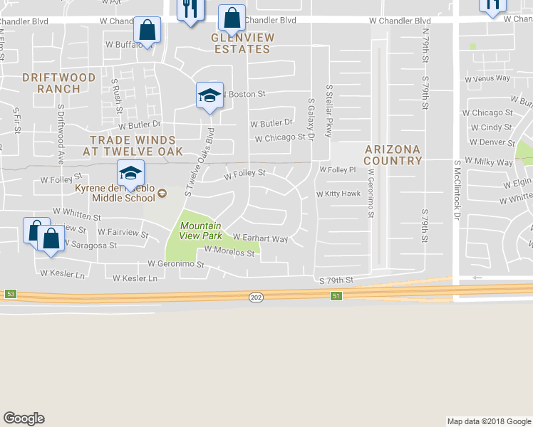 map of restaurants, bars, coffee shops, grocery stores, and more near 4671 West Kitty Hawk in Chandler