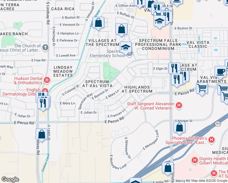 map of restaurants, bars, coffee shops, grocery stores, and more near 1224 East Mary Lane in Gilbert