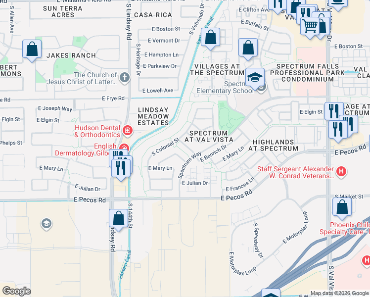 map of restaurants, bars, coffee shops, grocery stores, and more near 2997 South Roca Street in Gilbert