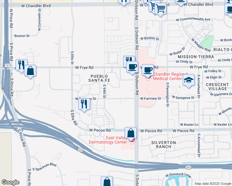 map of restaurants, bars, coffee shops, grocery stores, and more near 2200 West Fairview Street in Chandler