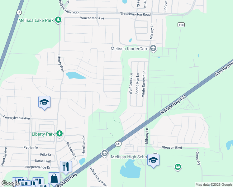 map of restaurants, bars, coffee shops, grocery stores, and more near 3615 Wolf Creek Lane in Melissa