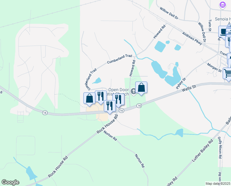 map of restaurants, bars, coffee shops, grocery stores, and more near 73 Cumberland Trail in Senoia