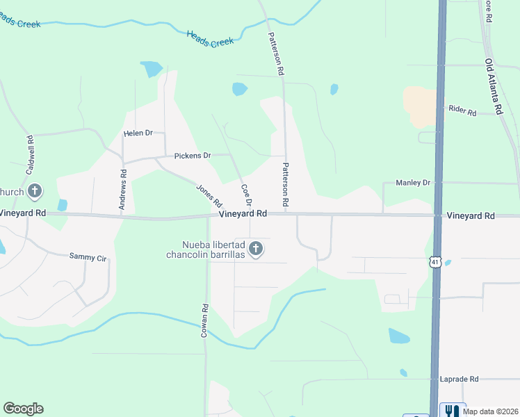 map of restaurants, bars, coffee shops, grocery stores, and more near 513 Vineyard Road in Griffin