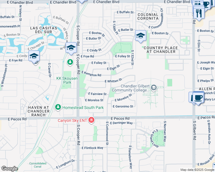 map of restaurants, bars, coffee shops, grocery stores, and more near 641 South Wayne Drive in Chandler