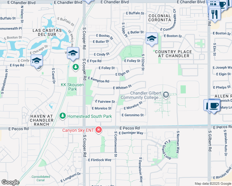 map of restaurants, bars, coffee shops, grocery stores, and more near 641 South Wayne Drive in Chandler