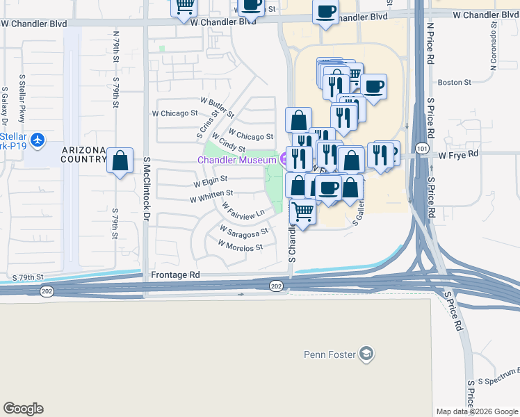 map of restaurants, bars, coffee shops, grocery stores, and more near 3616 West Fairview Lane in Chandler