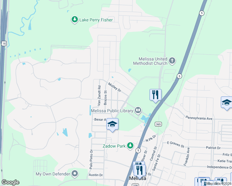 map of restaurants, bars, coffee shops, grocery stores, and more near 3504 Founders Way in Melissa