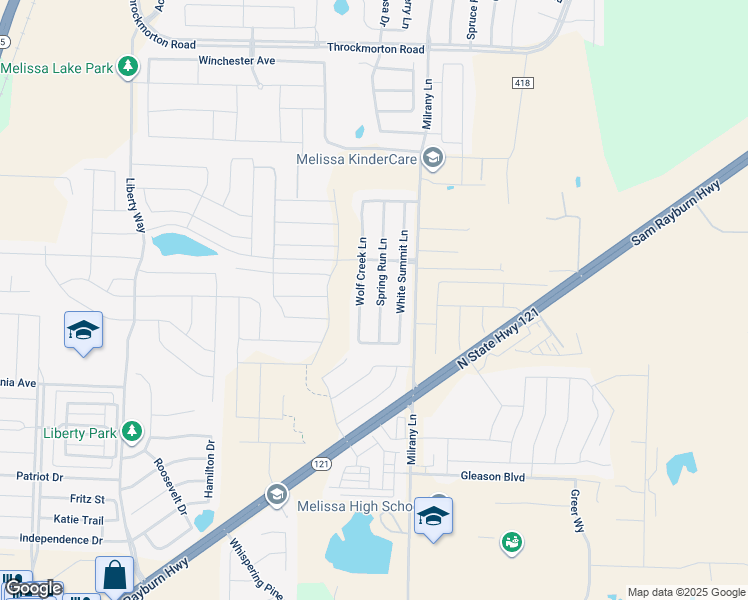 map of restaurants, bars, coffee shops, grocery stores, and more near 3621 Spring Run Lane in Melissa