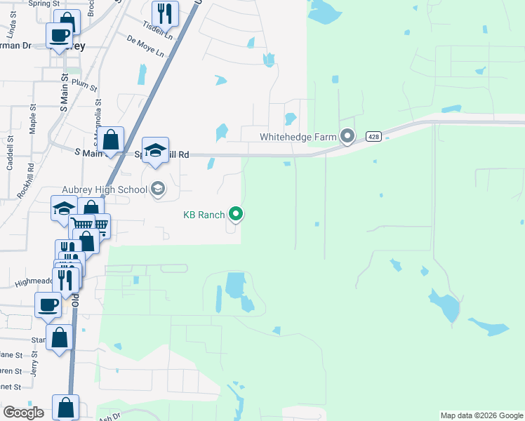 map of restaurants, bars, coffee shops, grocery stores, and more near 650 Spring Hill Road in Aubrey