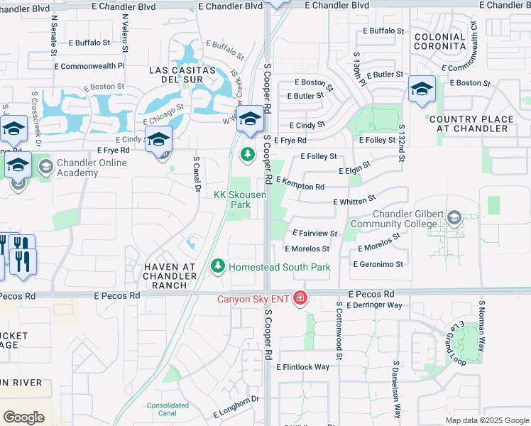 map of restaurants, bars, coffee shops, grocery stores, and more near 482 South Cooper Road in Gilbert
