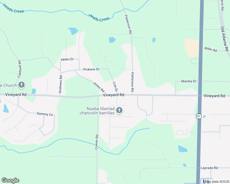 map of restaurants, bars, coffee shops, grocery stores, and more near 518 Vineyard Road in Griffin