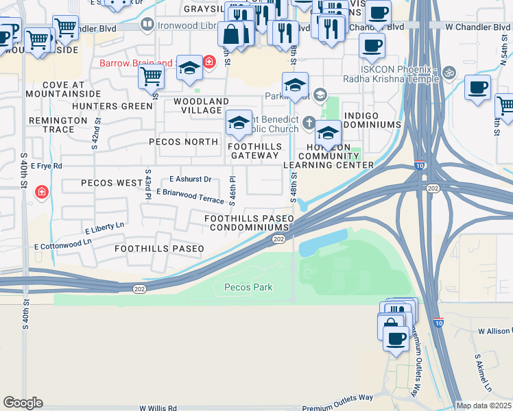 map of restaurants, bars, coffee shops, grocery stores, and more near 16620 South 48th Street in Phoenix