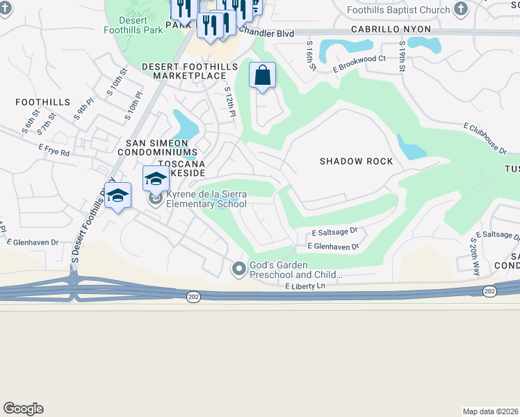 map of restaurants, bars, coffee shops, grocery stores, and more near 1434 East Saltsage Drive in Phoenix