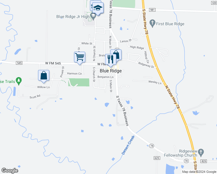 map of restaurants, bars, coffee shops, grocery stores, and more near 401 South Morrow Street in Blue Ridge