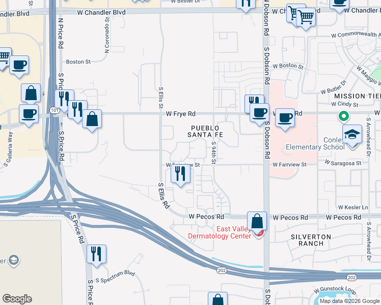 map of restaurants, bars, coffee shops, grocery stores, and more near 635 South Ellis Street in Chandler