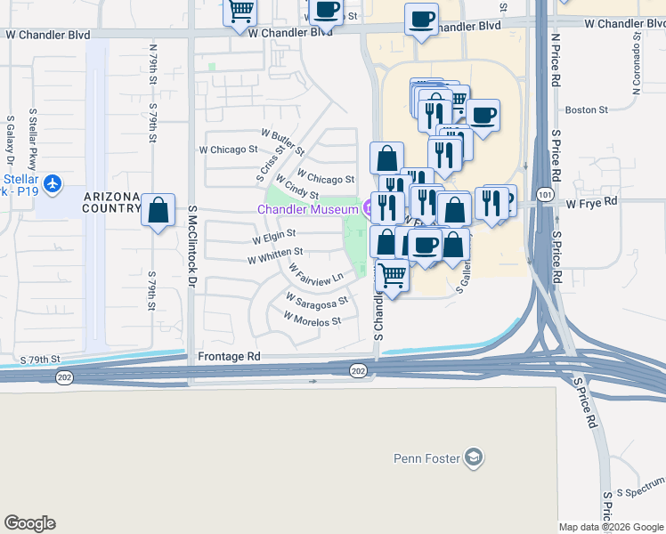 map of restaurants, bars, coffee shops, grocery stores, and more near 3616 West Fairview Lane in Chandler
