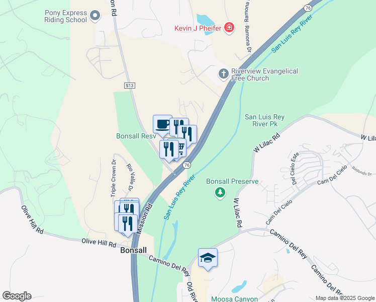 map of restaurants, bars, coffee shops, grocery stores, and more near 2322 Mission Road in Bonsall