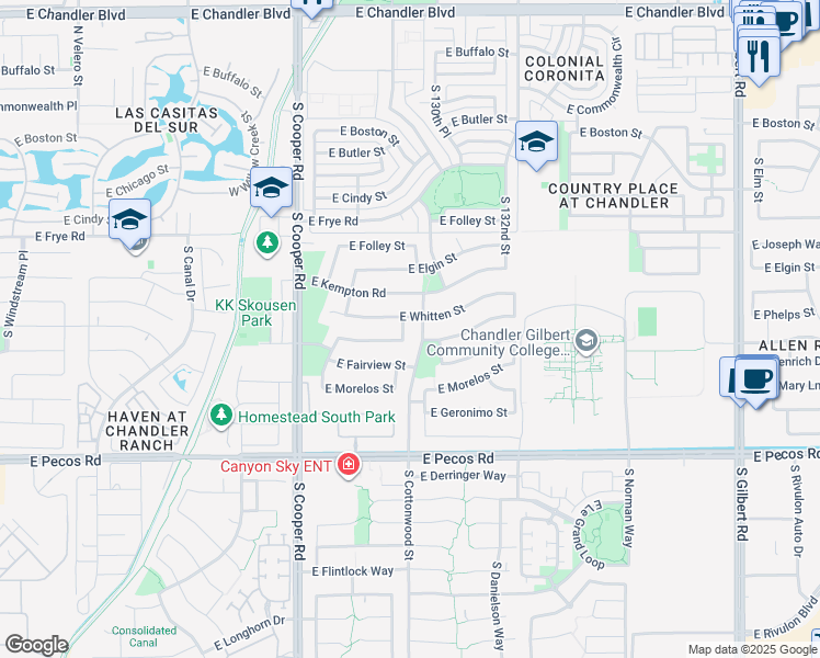 map of restaurants, bars, coffee shops, grocery stores, and more near 641 South Wayne Drive in Chandler