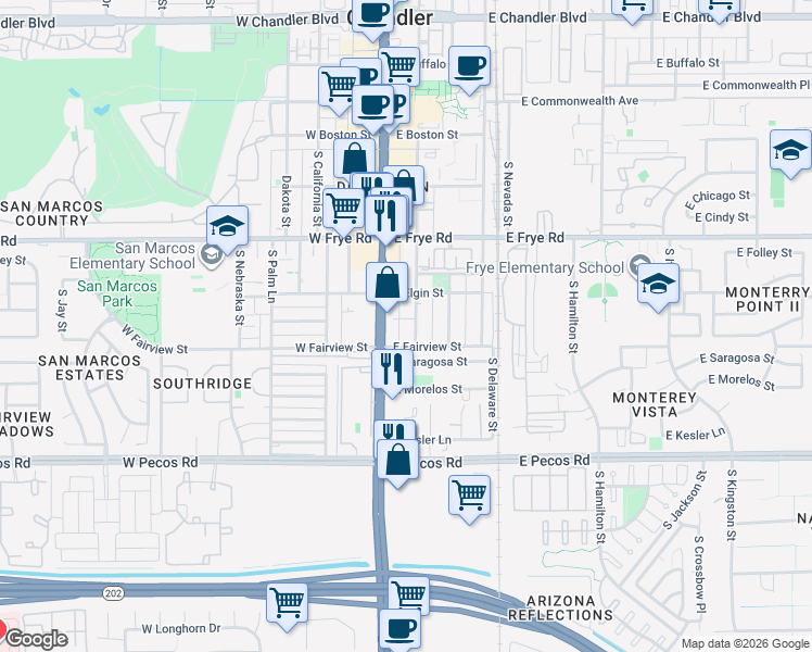 map of restaurants, bars, coffee shops, grocery stores, and more near 489 South Washington Street in Chandler