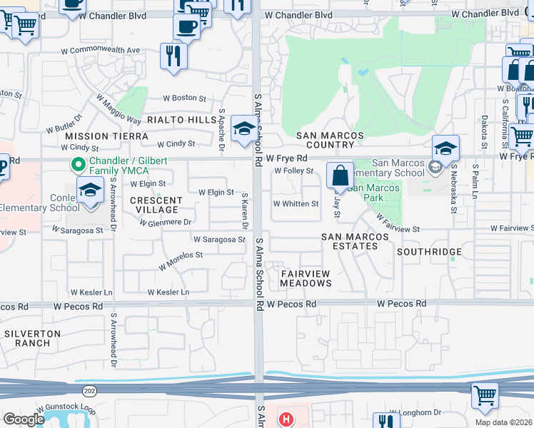 map of restaurants, bars, coffee shops, grocery stores, and more near 635 South Alma School Road in Chandler