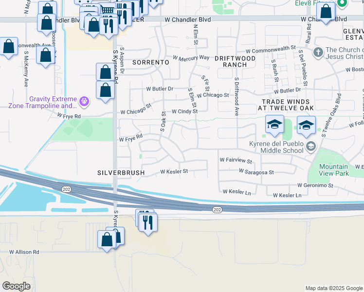 map of restaurants, bars, coffee shops, grocery stores, and more near 541 South Oak Street in Chandler