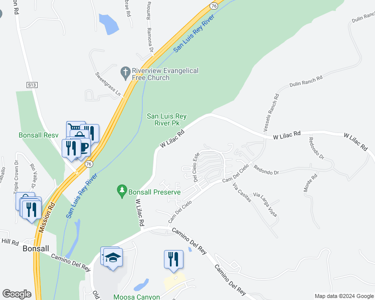 map of restaurants, bars, coffee shops, grocery stores, and more near 31948 Del Cielo Este in Bonsall