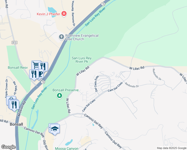 map of restaurants, bars, coffee shops, grocery stores, and more near 31948 Del Cielo Este in Bonsall