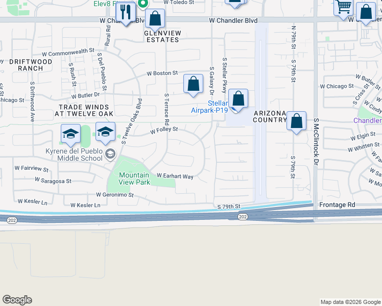 map of restaurants, bars, coffee shops, grocery stores, and more near 557 South Kenneth Place in Chandler