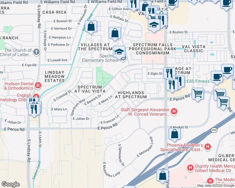 map of restaurants, bars, coffee shops, grocery stores, and more near 1304 East Marcella Lane in Gilbert