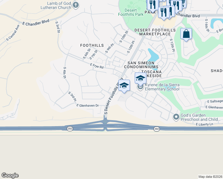 map of restaurants, bars, coffee shops, grocery stores, and more near 16625-16725 South Desert Foothills Parkway in Phoenix